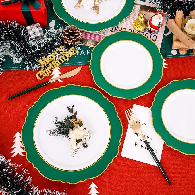 WDF 30Guest Christmas Plates Disposable - Gold Plastic Silverware With Green Handle - Baroque Green &Gold Plastic Dinnerware for Wedding Birthday Party St. Patrick’s Day
