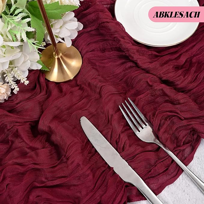 24 Pack Burgundy Cheesecloth Table Runner 120 inch Fall Thanksgiving Boho Rustic Gauze Farmhouse 10FT Cheese Cloth Runner for Baby Shower Wedding Party Holiday Home Decor