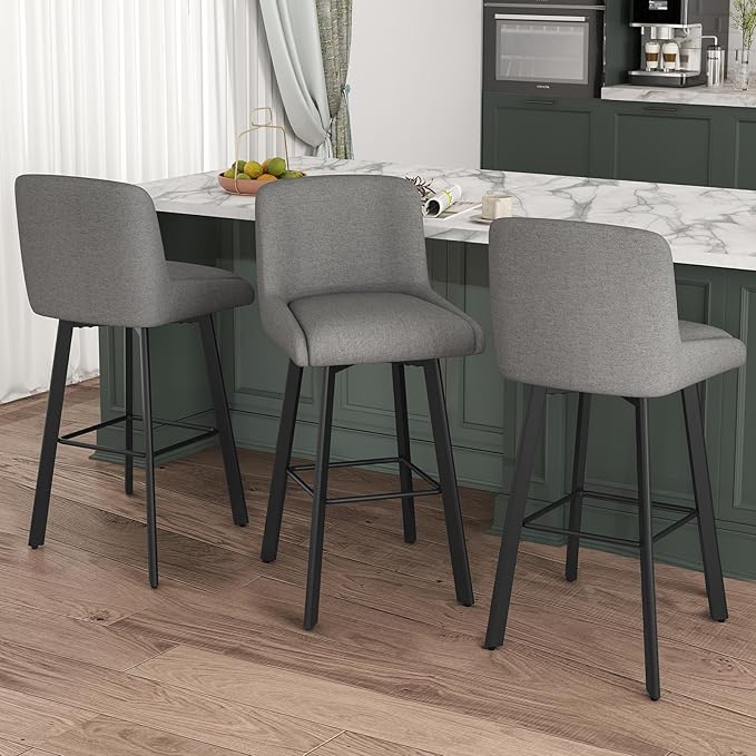 Swivel Bar Stools Set of 3, 29''H Upholstered Barstools with Backs, Modern Counter Height Bar Stool Chairs for Kitchen Island, Metal Legs, Fabric, Gray Counter Stools