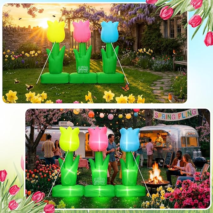 VIHOSE 6 ft Spring Inflatable Flower Decoration LED Blow up Yard Decor Large Inflatable Tulip Flower Outdoor Decoration for Spring Holiday Outside Lawn Party Supplies