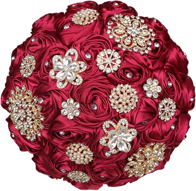Dark Red Handmade Wedding Bridal Bouquet with Luxury Gold Rhinestone Brooch Satin Rose Flower Bouquet for Bride Bridesmaid Quinceanera Wedding Bouquet Dark Red 7.5in