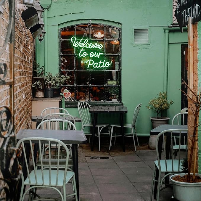 Welcome to Our Patio Neon Sign Green Led Light Plants Neon Signs for Wall Decor Bar Outdoor Light Up for Cafe Business Backyard Terrace Home Garden Party Decoration Jungle Lovers Gifts