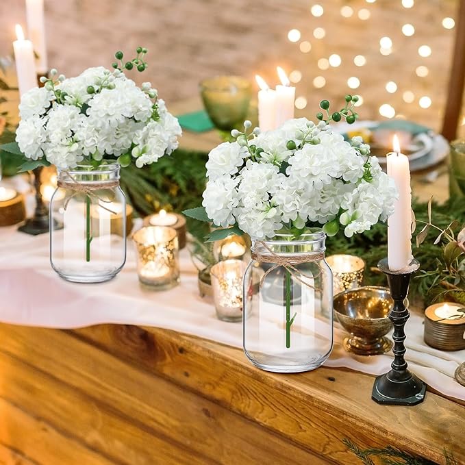 XunYee 10 Set Mason Jar Table Centerpiece with Flower Mason Jar Flower Centerpiece Vases Decor for Engagement Party Bridal Shower Centerpieces Wedding Reception Table Decor(Hydrangea)