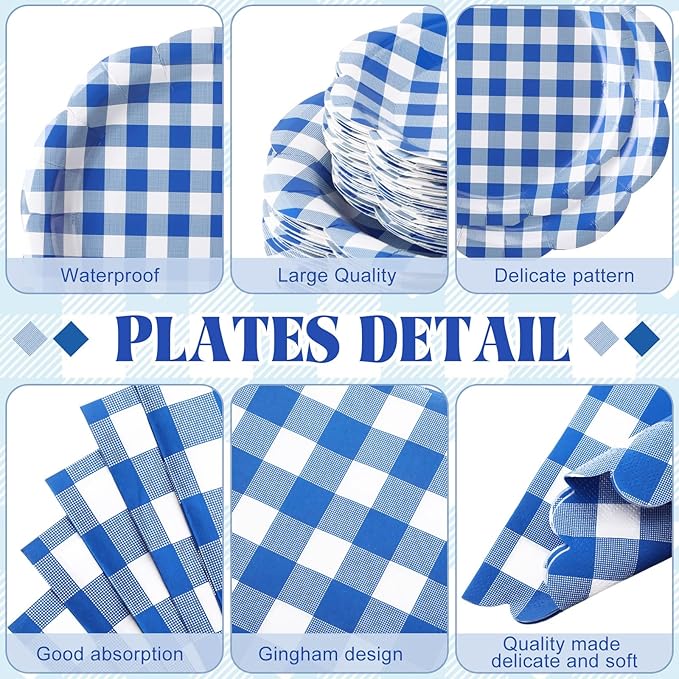 452 Pcs Blue Gingham Party Supplies for 50, Dark Blue and White Gingham Checkered Paper Plates Napkins Cups Tablecloth Cutlery Straws for Birthday Family Picnic Barbecue Party Decoration