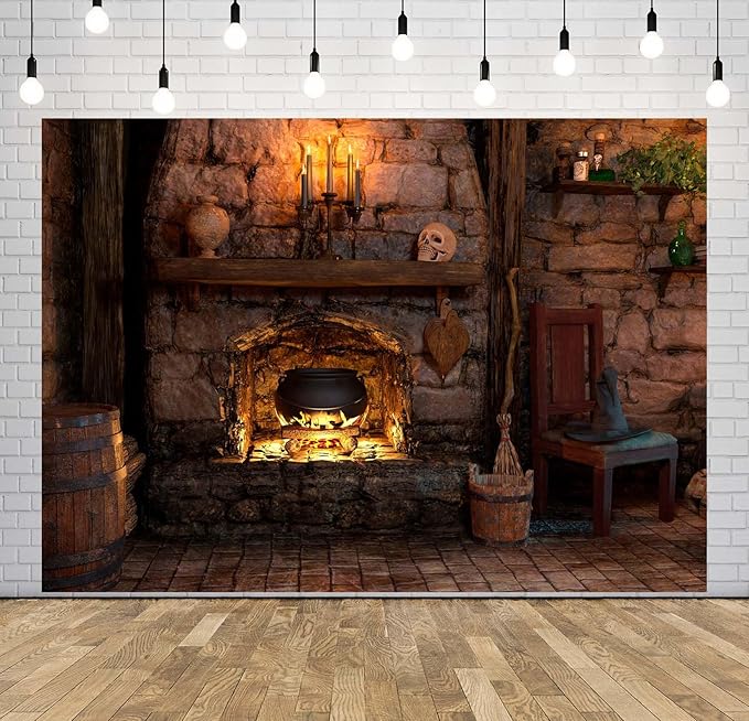 BELECO 10x6.5ft Fabric Spooky Witch Cottage Backdrop Halloween Witch Cabin Kitchen Fireplace Cauldron Candles Skull Sorcerer Photography Background Witch Party Decorations Photoshoot Studio Props