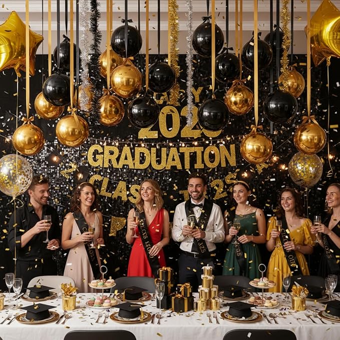 Jenaai 30 Set Round Foil Balloons Bulk 22 Inch 4d Metallic Giant Balloons Set with Satin Bows Ribbon for Ceiling Holiday Ornaments New Year Birthday Wedding Party Decoration(Black Gold)