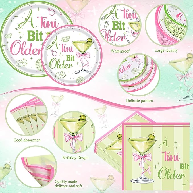 Pickmesh 400 Pcs A Tini Bit Older Birthday Party Plates and Napkin Decoration Martini Tableware Cups Knives Hot Pink & Green Dinnerware for Women Birthday Bridal Wedding Baby Shower Supplies Serve 50