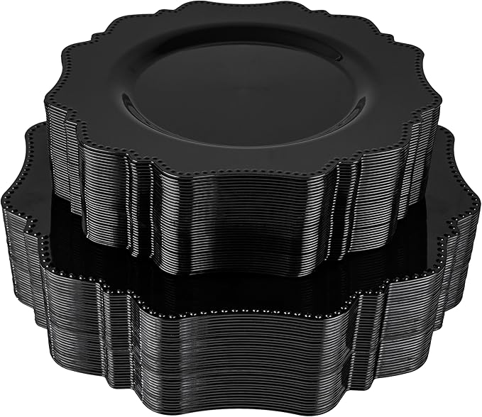 COLOSUS 100pcs Black Plastic Plates - Heavy Duty Black Plastic Plates Disposable for Party/wedding/New Year Include 50pcs Dinner Plates and 50pcs Dessert Plates.