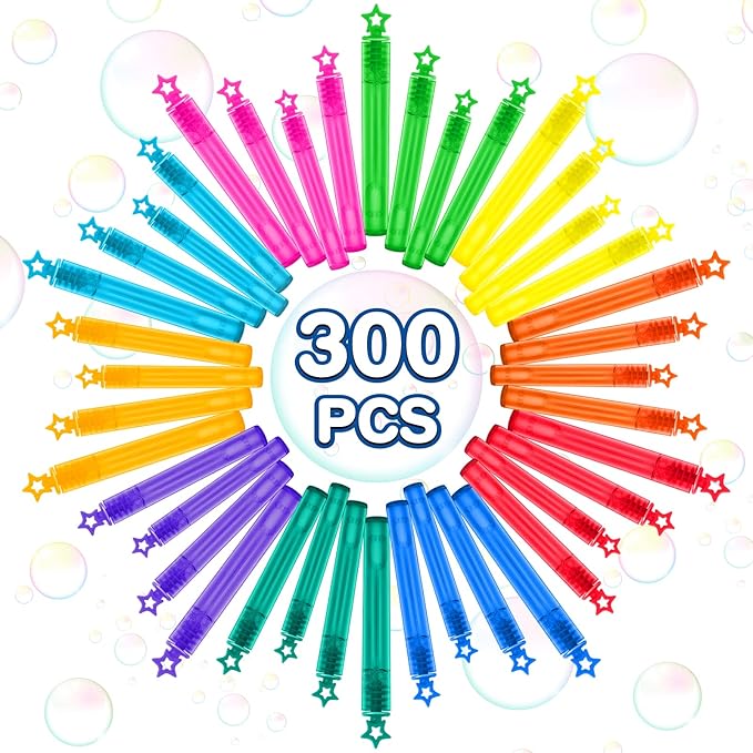 300 Pack Mini Bubble Wands in 10 Color, Bulk Party Favors for Kids, Ideal Goodies Bags Stuffers, Themed Birthday, Valentine, Easter, Halloween, Christmas, School Classroom Prizes for Boys & Girls