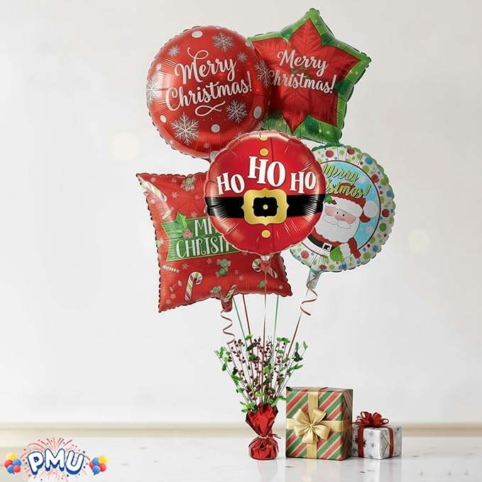 PMU 12Pc Christmas Bursting Holly Berry Centerpiece For Table Decor, Table Balloon Weights for Theme Party Decorations Supplies Red & Green |15in