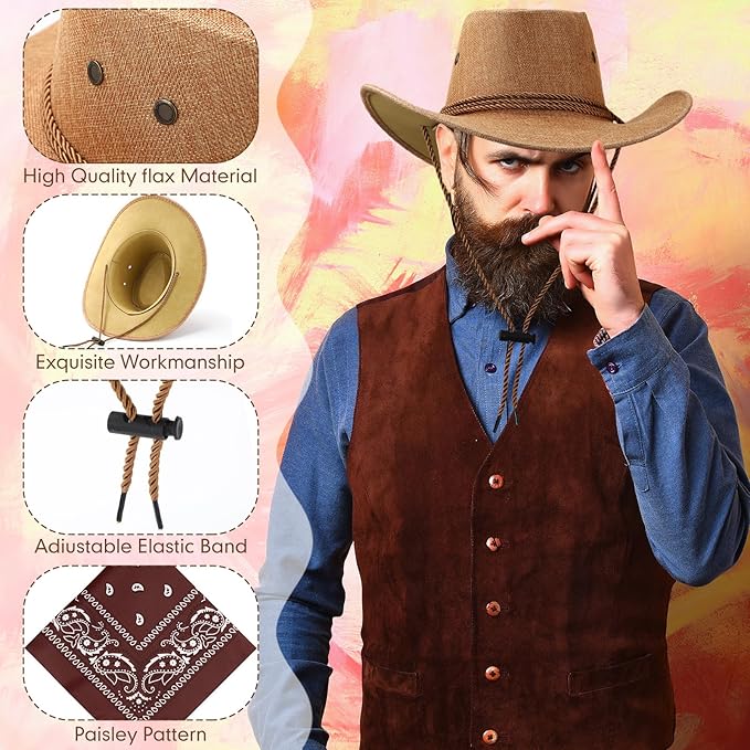 Zhanmai 12 Pcs Cowboy Hat and Bandana Cowboy Cowgirl Hats Bulk Western Party Costume Halloween Accessory