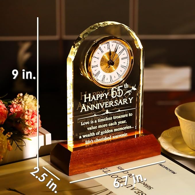 YWHL 65th Wedding Anniversary Clock Gifts for Parents Grandparents, 65 Years for Couples, Table Clock Glass Presents with Wooden Light Base for Home Decoration (Battery not Included)