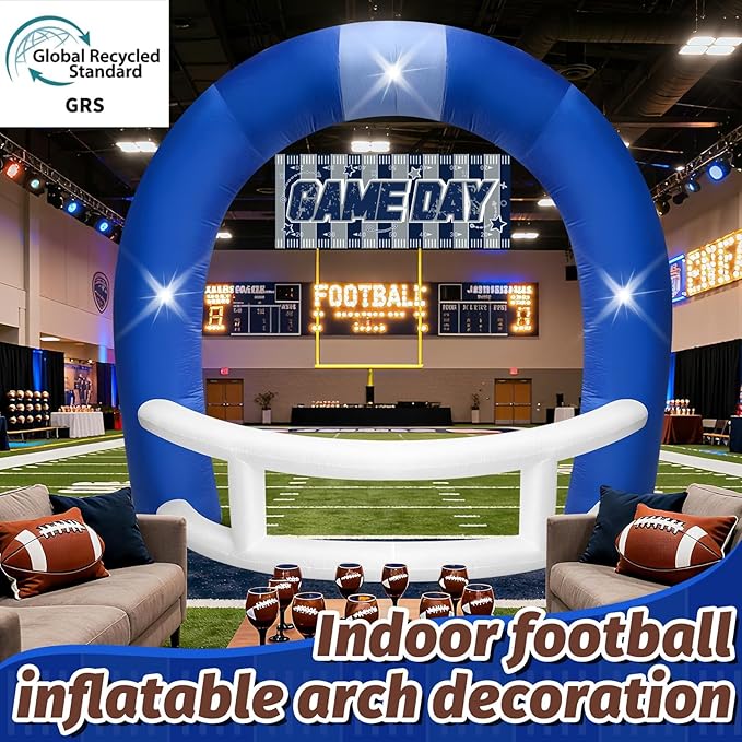 8FT Blue and White Football Helmet Inflatable Arch with Game Day Banner, Giant Outdoor Blow Up Football Helmet with Built-in 3 LED Lights for Football Themed Birthday Party Lawn Yard Decoration