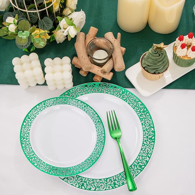 U-QE 150PCS Green St Patricks Day Plates with Plastic Silverware, Green Disposable Plates for 30 Guests Include 30 Dinner Plates, 30 Salad Plates,30 Guests Silverware Perfect for Party