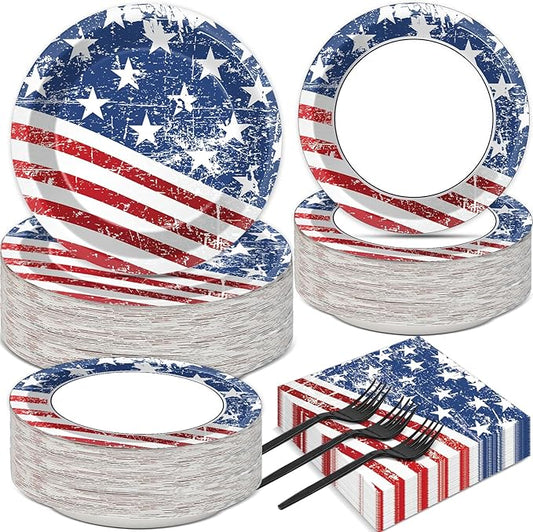 50 Guests Patriotic Party Plates and Napkins Tableware Set 4th of July American Flag Birthday Party Supplies Independence Day Dinnerware Favors Veterans Day Memorial Day Decorations for Kid Boys Girls