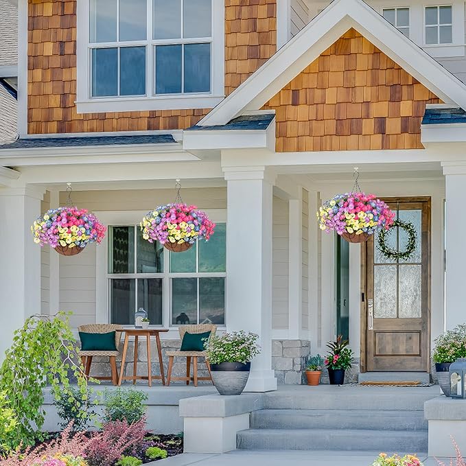 Artificial Fake Hanging Flowers Baskets for Outdoors Faux Plants Spring Outside Decor, UV Resistant Silk Morning Glory Flowers in Planter Realistic Petunias for Outdoor Porch Patio Garden Yard Home