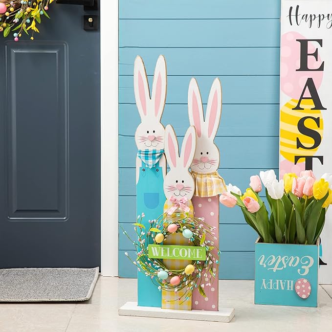 Glitzhome 30" H Easter Wooden Bunny Family Standing Porch Sign, Easter Welcome Sign Decorations for Home or Yard