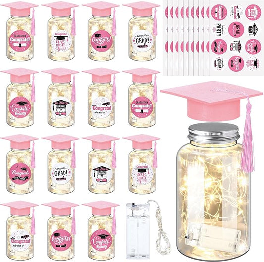 Boao 16 Sets Graduation Table Decoration Set with LED Light up Graduation Decorations for Class of 2026, Grad Jar, Felt Grad Hat and Stickers for High School College(Pink)