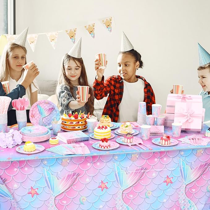 452 Pcs Mermaid Party Decorations Include Sea Mermaid Paper Plates Napkins Cups Tablecloth Cutlery Straws Ocean Tableware for Baby Shower Birthday Party Supplies