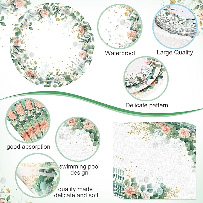 400 Pcs Sage Green Color Party Supplies Serve 50 Guests Eucalyptus Flowers Disposable Paper Plates Napkins and Cups for Bridal Baby Shower Birthday Wedding Party Decorations(Elegant)
