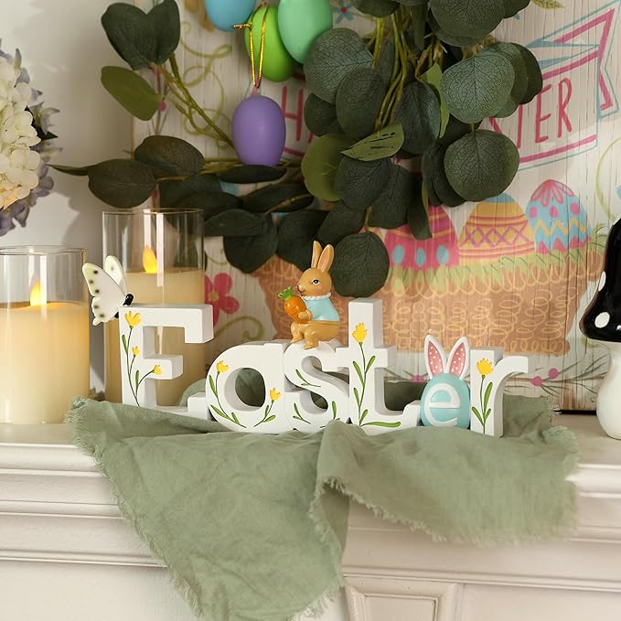 NIKKY HOME Easter Decor for Table, Easter Bunny Sign Table Decor, Cute Rabbit Centerpiece Resin Holiday Decorations for Home Kitchen Spring Decors for Gifts