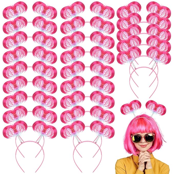 Hoteam 48 Pcs Pom Pom Headband Carnival Party Tinsel Wrapped Ponytail Head Bopper Costume Headwear Hair Accessories Women(Pink)
