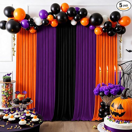 Halloween Backdrop Curtain - 10×10ft Black Orange Purple Party Background Decor for Spooky Parties, Photo Booths, Home Haunted House, Reusable Holiday Wall Decoration for Adults Teens