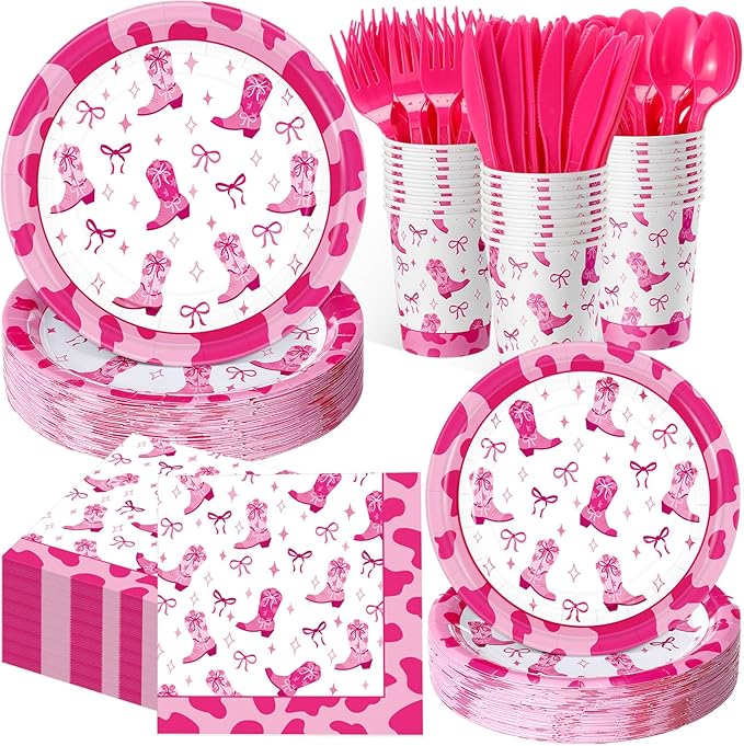 Pickmesh 400 Pcs Western Pink Cowgirl Party Plates and Napkin Decoration Disco Pink Coquette Bow Cowgirl Tableware Cups Knives for Western Wedding Birthday Bachelorette Party Supplies Serve 50