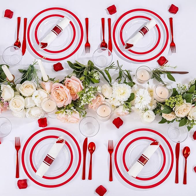 I00000 210 Pcs Red Plates Set,Clear and Red Plastic Plate Include 60 Plates,30 Cups,30 Rolled Napkins with Plastic Cutlery for Wedding & Valentine's Day