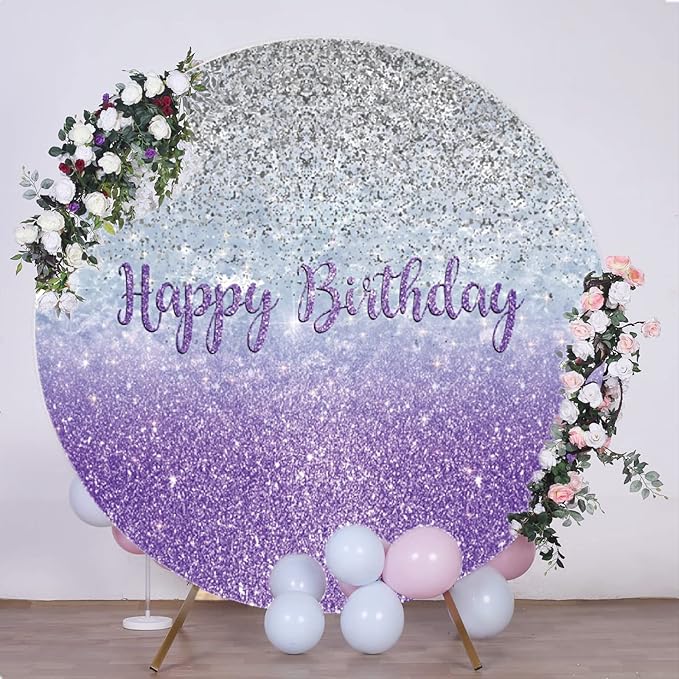 Renaiss Purples Happy Birthday Round Backdrop Cover 7.5 ft Polyester Fabric Shiny Purples and Silver Sequins Circle Photo Background for Gorgeous Happy Birthday Party Decorations
