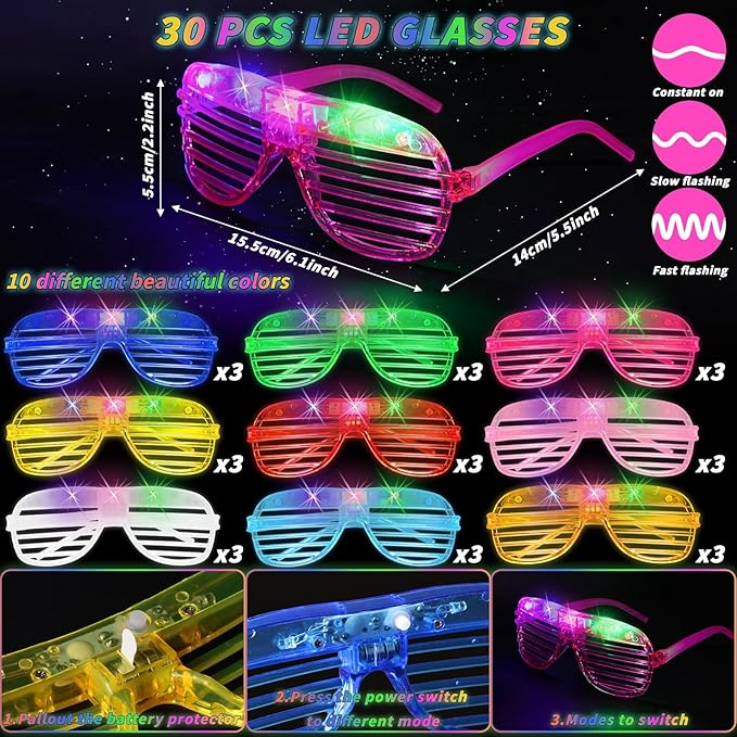 Glow in the Dark Party Supplies Set Bulk Neon Party Favor Toys Includes 20 Led Light up Glasses 10 Color20 Light up Foam Sticks Bulk for Disco Wedding Birthday Concert Halloween Raves Party
