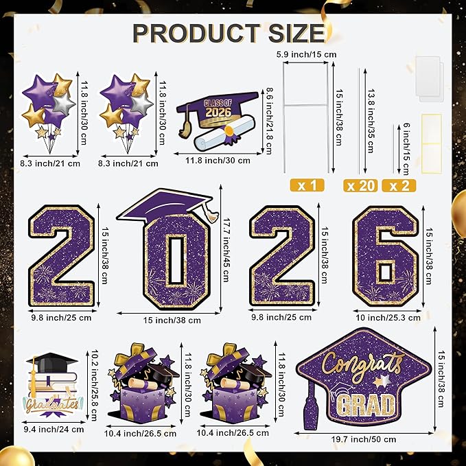 Large 11 PCS Graduation Yard Signs, Class of 2026 Congrats Grad Outdoor Lawn Yard Sign with Stakes, Graduate Yard Decorations for College High School Party, Purple and Gold