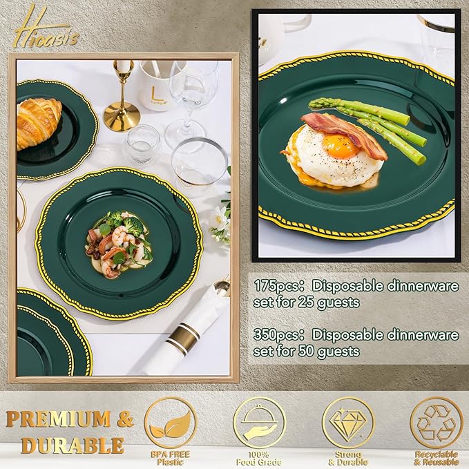 Hioasis 175pcs Green Gold Plastic Plates - Gold Plastic Dinnerware Set Includes 25 Dinner Plates, 25 Dessert Plates, 25 Gold Utensils, 25 Napkins Perfect for Wedding & Party