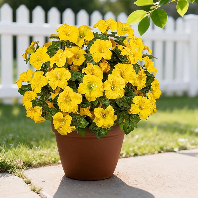 19 Inch Artificial Fake Flowers for Outdoor,4 Pcs Faux Silk Petunias Spring Flowers for Outside for Indoor Porch Planter Front Door Garden Patio Window Box Home Decor(Yellow)