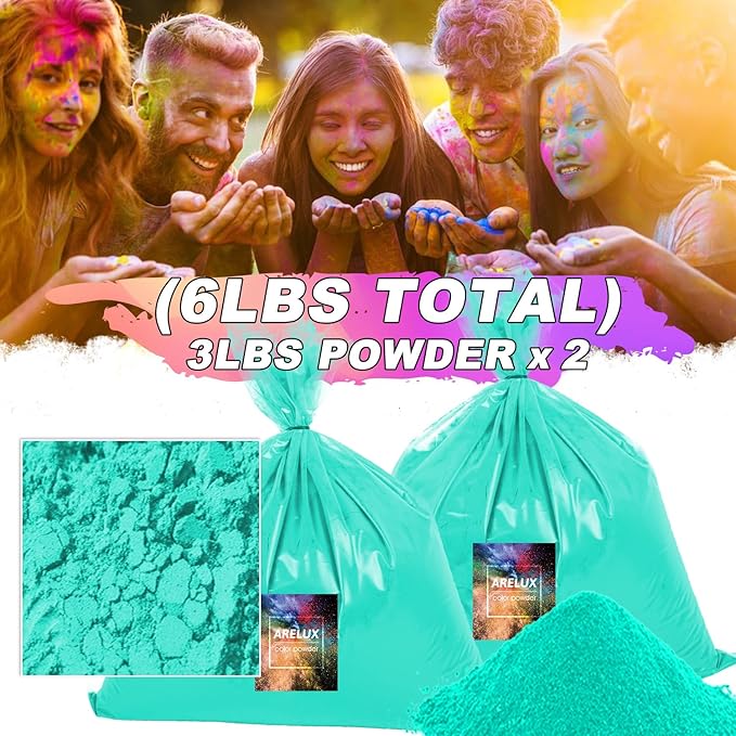ARELUX Bright Cyan Color Powder - 6lbs Bulk (2x3lb) for Color Wars, Powder War & Fun Events | Durable Individual Packets, Vibrant Holi Powder for Gender Reveal, Run, Rangoli, Parties | Non-Toxic