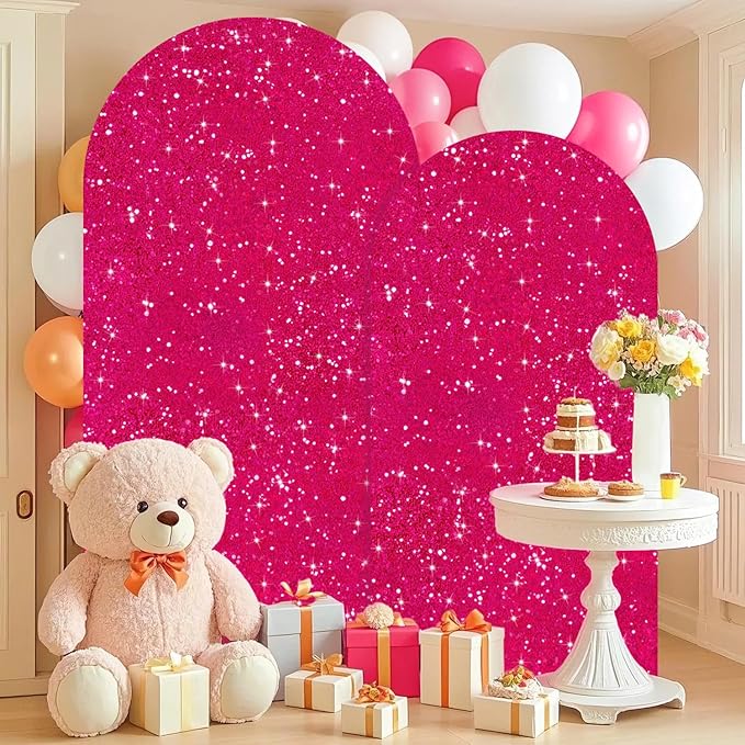 Spandex Arch Backdrop Cover Set of 2 （7.2FT, 6FT） Hot Pink Wedding Arch Covers Stretchy Backdrops Sparkly Sequin Arches Backdrop Stands Cover Chiara Backdrops Covers for Baby Shower Birthday Parties