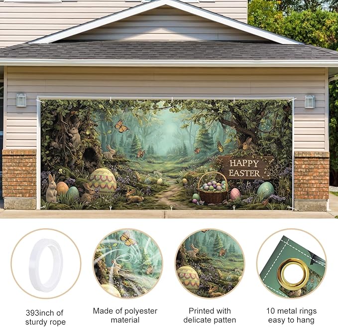 Happy Easter Woodland Scene Garage Door Banner 7x16FT, Bunny & Colorful Easter Eggs Garage Door Cover, Outdoor Spring Decor for Yard, Garage & Front Door