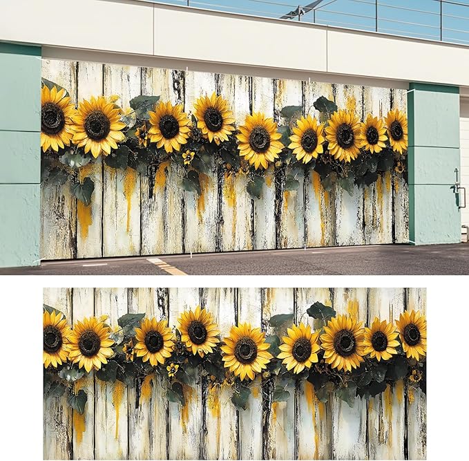 ANNA QUEEN Sunflower Garland Garage Door Banner 6 x 13FT, Rustic Sunflowers with Wooden Fence, Outdoor Spring and Summer Decoration for Garden Parties Home Decor
