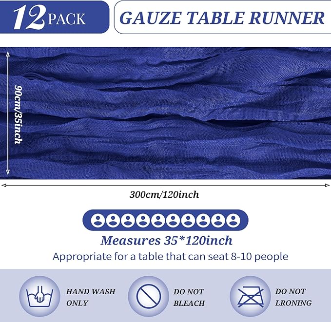 12 Pack Cheesecloth Table Runner 35 x 120 inch Long Boho Cheese Cloth Gauze Table Runners Semi Sheer Table Runner for Wedding Decor, Bridal Shower, Birthday Party (Royal Blue)