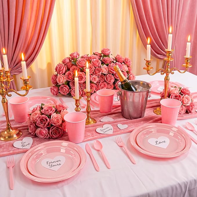 MirthMood 350pcs Pink Plates Disposable Including Pink Plastic Plates, 12OZ Cups, Plastic Cutlery and Napkins Serve 50 Guests for Spring Wedding,Birthday Party Dinner,Valentine's Day
