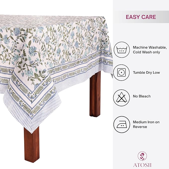 ATOSII Mahoka Blue 100% Cotton Fall Tablecloth, Handblock Floral Linen Table Cloth for Kitchen Dining Table I Parties Weddings Outdoors Easter Valentine's Gift I 60 X 108 Inches I 8 Seater