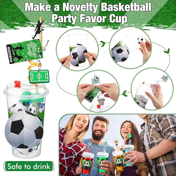 Party Favors Set with Cup Straw Cup Sleeve Bouncy Ball Mini Pinball Machine Keychain Sticker Clap Bracelet Tag for Sport Reward Birthday Gift Party Supplies(195 Pcs,Soccer)