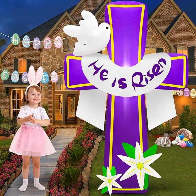 MICOCAH 4.5FT Easter Inflatables Outdoor Decorations He is Risen Inflatable Cross Blow Up with Lilies and Doves Build in LED Lights for Indoor Yard Garden Lawn Party Holiday Christian