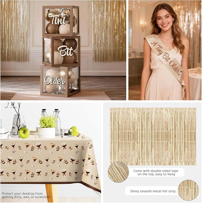 300pcs Tiny Bit Older Espresso Martini Birthday Decorations Serve 25, All-in-one Set with Balloon Arch Fringe Curtain Tableware Balloon Box Cupcake Topper Sash, for Girl Women Espresso Martini Party