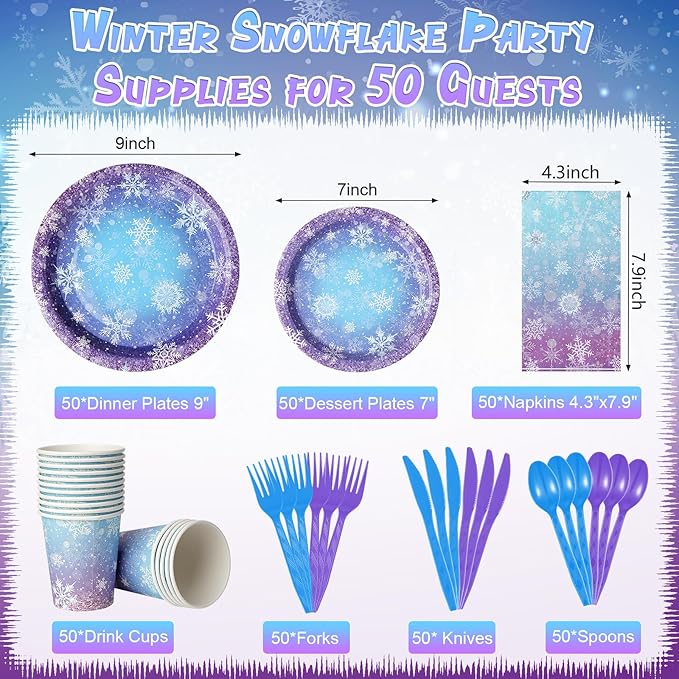 Winter Snowflake Paper Plates and Napkins Set, Blue and Purple Snowflake Winter Wonderland Disposable Tableware for Christmas Winter Holiday New Year Birthday Party Supplies Decorations, Serve 50