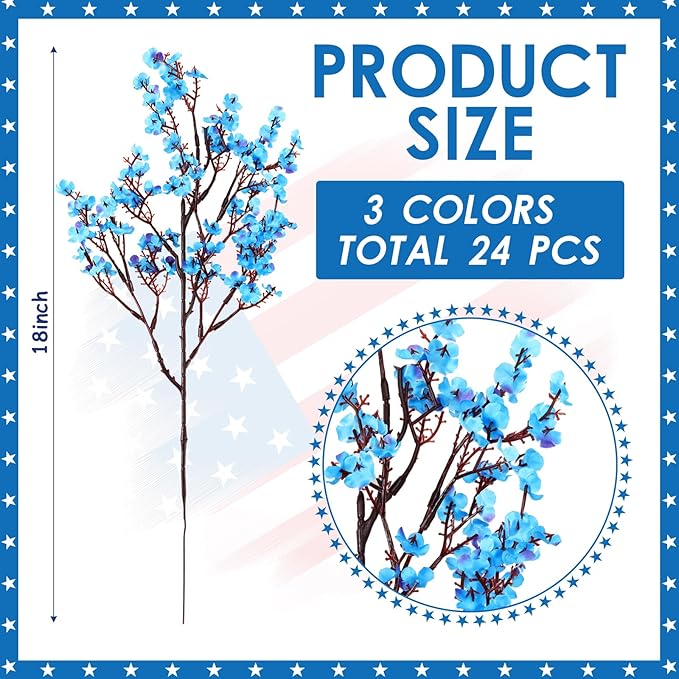 Lyrow 24 Pcs Red Blue White Artificial Flowers Patriotic Table Centerpieces Decoration Fake Babys Breath Picks Stems Floral Arrangement for 4th of July Veterans Independence Memorial Day Home Outdoor