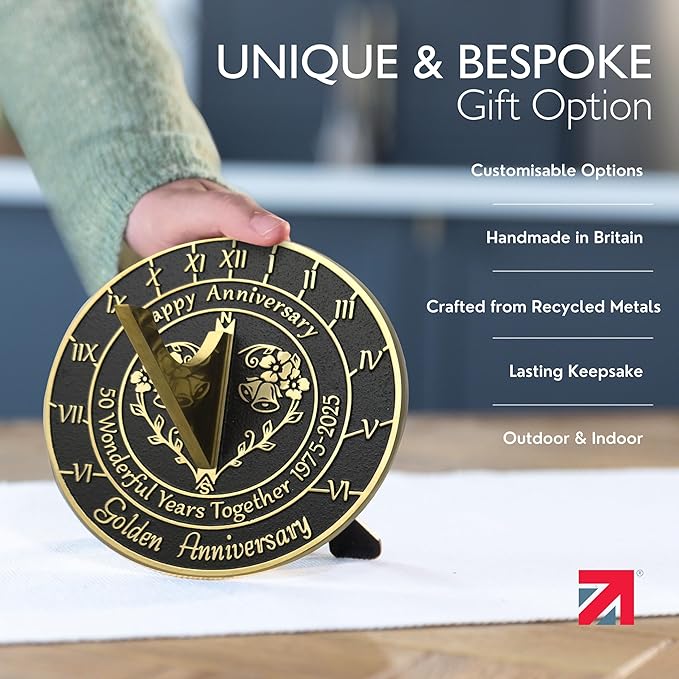 The Metal Foundry Personalized Golden 50th Sundial - Heavy Duty Recycled Brass Home Decor, Garden Present Made in The UK for Parents, Grandparents, Friends, Couples 50 Years Marriage