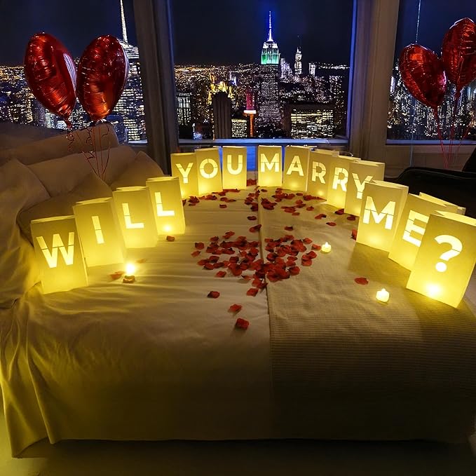 Will You Marry Me? Luminary Bags with LED Tea Light Candles, Balloons, and Rose Petals – Romantic Decorations for Proposals, Anniversaries, and Special Moments
