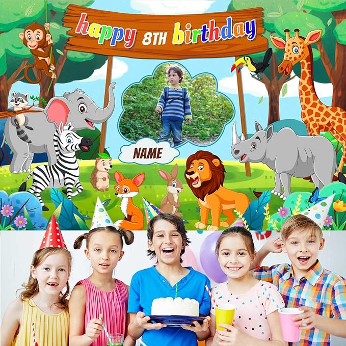 Custom Jungle Safari Happy Birthday Party Decorations Supplies Personalized Jungle Safari Animal Birthday Backdrop Banner(6x9ft)