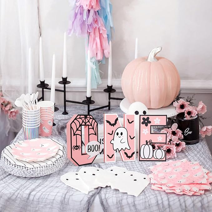 Halloween Wooden ONE Sign - Pink Halloween Boo Wooden Centerpiece Table Decoration, Halloween Decorations Indoor ONE Letter, Baby Girl Birthday Supplies.